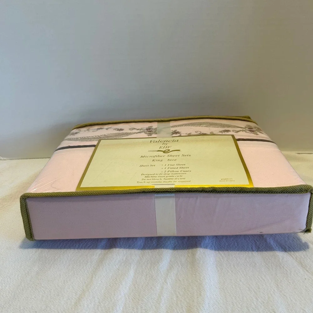 Valencia‎ King Sheet Set Pink Floral Embroidered 4 Pc Microfiber Vintage Style